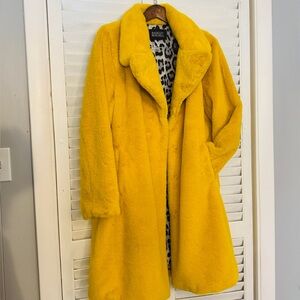 Badgley Mischka Vibrant Yellow Faux Fur Coat NWOT | Snow Leopard Lining